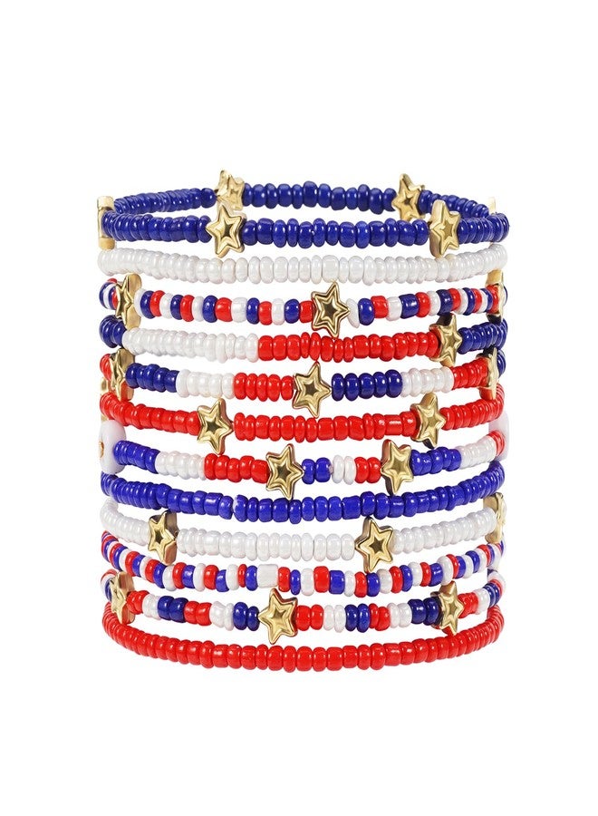 Briutn Red White Blue Beaded Bracelet with Gold Stars USA Independence Day Jewelry - Image 1